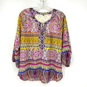 Figueroa & Flower Blouse Multicolor Tie Front Lace Back Business Casual Party